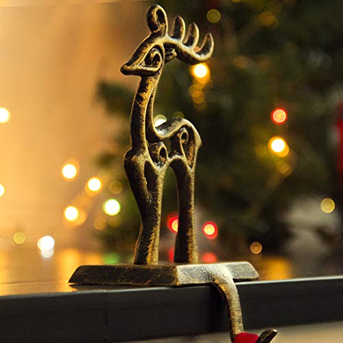 ODOMY Christmas Stocking Holders for Fireplace Mantle Stocking Hook Hangers Metal Snowman Reindeer Santa Snowflake Holder Indoor Vintage Christmas Decorations (Deer)