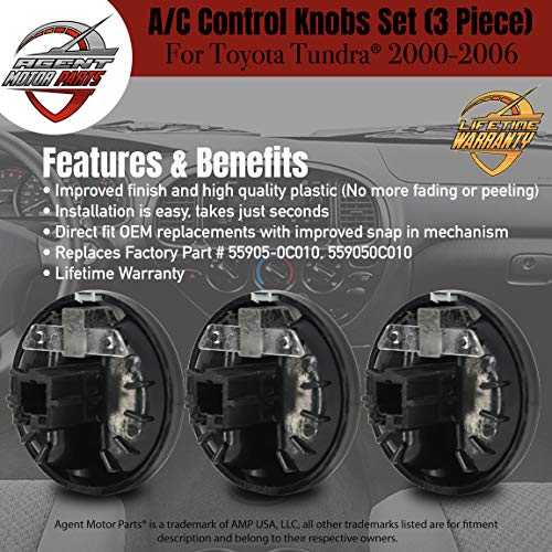 AC Climate Control Switch Knobs - Set of 3 Replaces OE Part# 55905-0C010, 559050C010 - for fits Toyota Tundra 2000, 2001, 2002, 2003, 2004, 2005, 2006 - Air Conditioner Replacement Switches