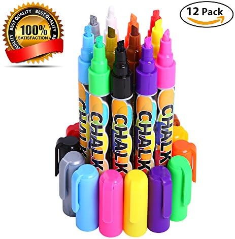 Chalk Markers, Albabara 12 Pack Liquid Chalkboard Neno Pens Color pens Wet Erase Chalk Ink Pen, Dust Free, Non-Toxic, Erasable for Whiteborord, Blackboard, Window, 6mm Reversible Bullet &amp; Chisel Tip