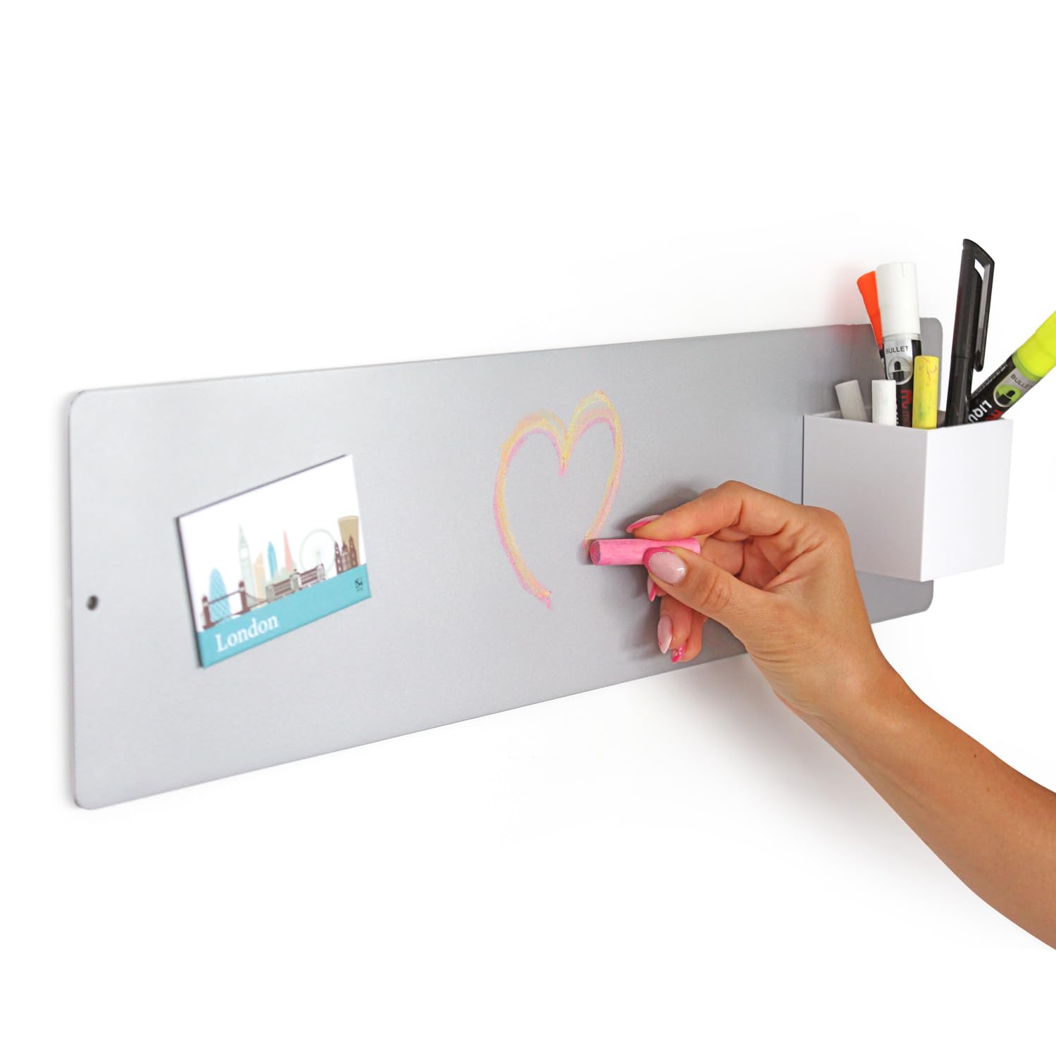 KalaMitica - Steel Magnetic Wall Board - for Fridge Magnets and Magnetic Accessories, Writable with Chalk - Silver - 14 x 50 cm