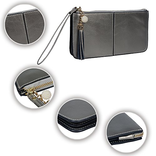 Lovena Soft Leather Wristlet Smartphone Zipper Wallet Tassel Wristlet - Fit iPhone X/iPhone 8/7Plus Samsung Note 8/5- Sliver - Thumbnail 2
