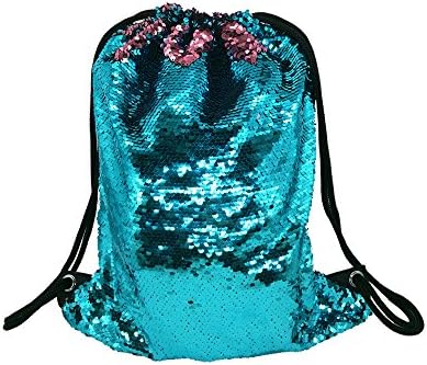 WANTASTE Reversible Sequin Backpack for Girls &amp; Women, Glitter Mermaid Drawstring Bag for Dance, Beach, Gym &amp; Travel (Lake Blue &amp; Pink)