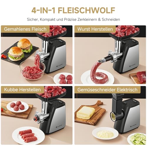 AAOBOSI Meat Grinder 4-in-1 Electric Meat Grinder [2800W Max] with 3 Discs, Cutting Blades, 2 Blades, 3 Plates, Sausage Stuffer, Cubbe Kit, for Home Use, Stainless Steel