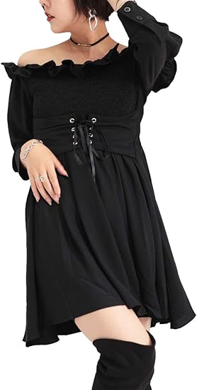 Amazon ゴールドジャパン 大きいサイズ レディース ワンピース ミニ オフショル フリル 長袖 レースアップ ベルト セクシー Jp273 4l ブラック ワンピース チュニック 通販