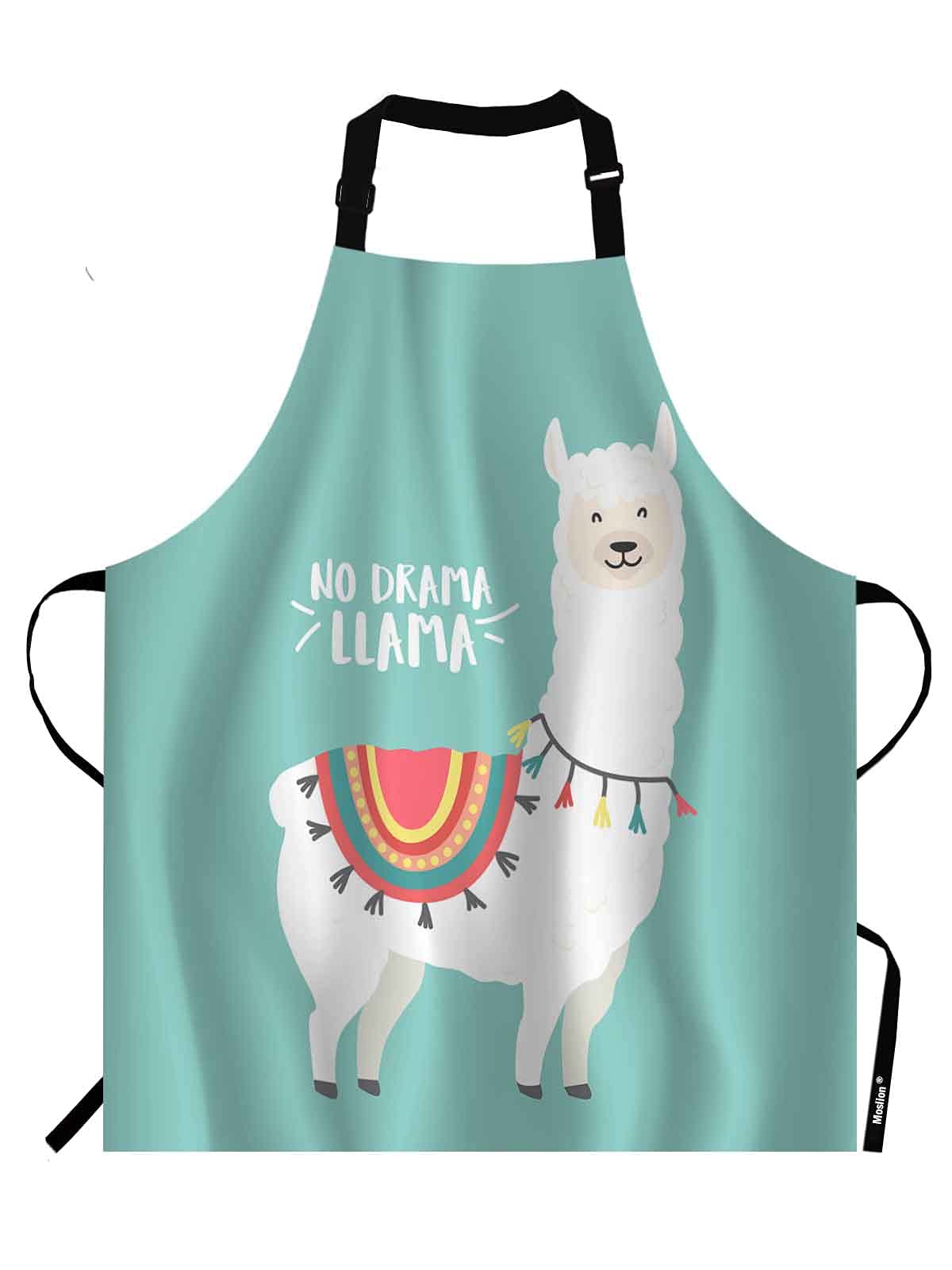 Moslion Cute Llama Apron,Animal Alpaca with Bohemian Cloths Word No Drama Llama Medium Turquoise Apron,Adjustable Neck Bib for Men Women,Suitable for Kitchen Cooking Waitress Chef