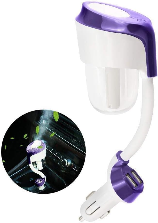 JUZZQ Humidificador De Coche, Difusor De Coche, con Cargador USB De 2 Puertos, Mini Difusor De Aceite Esencial De Aromaterapia De Viaje De 12 V Purificador De Refresco De Aire De,Purple