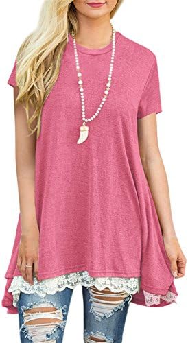 FERYSHE Womens Lace Hem Short Sleeve Flowy Tunic Shirt Long Tee Shirt XXL Pink