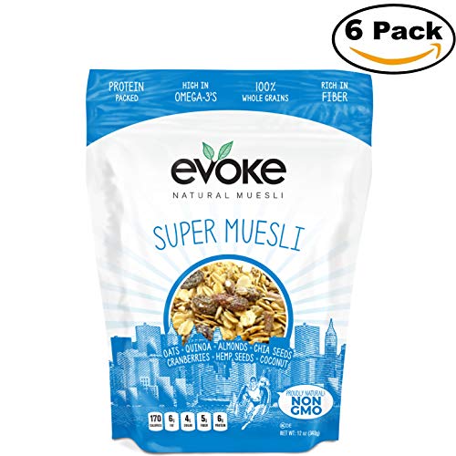 Evoke Super Muesli Cereal, 12 oz Pack of 6 - Low Sugar, Enjoy cold or hot! Overnight Oats!