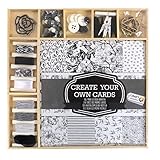 Craft Sensations Card Making Pack, Stylish Black & White, 50 Items, Sheets, Twine, Stamp, Wooden Shapes, Buttons, Rhinestones and More