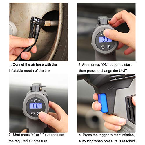 Portable Tire Inflator Air Compressor, 20V Cordless Car Tire Pump with Digital Pressure Gauge and 12V Car Charger, Rechargeable Air Pump for Automobile, Motorcycles, Bicycles, Swim Rings and Balls