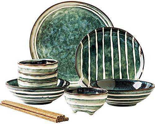 12Pcs Porcelain Dinnerware Set - Creative Cute Style Bowls, Dish Plates, Chopsticks, Green and Blue
