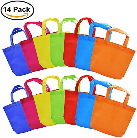 Gift Tote Bags DIY Party Favor Non-woven Blank Bags 7 Assorted Bright Color with Handle,13 by 10 inch for Kids Adults (14 Pack)