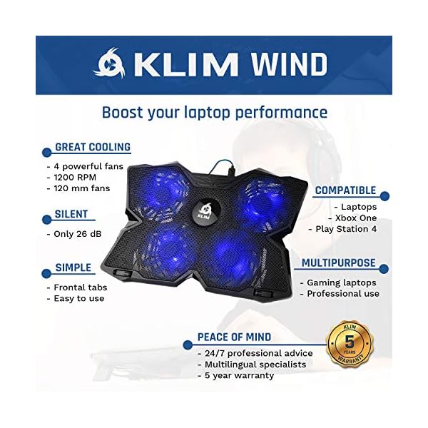 KLIM-Wind-Laptop-Cooling-Pad-The-Most-Powerful-Rapid-Action-Cooling-Fan-Laptop-Stand-with-4-Cooling-Fans-at-1200-RPM-USB-Fan-Compatible-New-2021-Version-Blue KLIM Wind Laptop Cooling Pad - More than 500 000 units sold - NEW 2023 - The Most Powerful Rapid Action Cooling Fan…