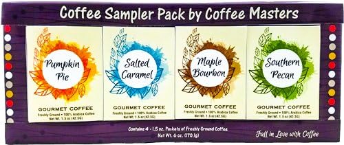 Gourmet Fall Coffee Assortment Sampler -Maple Bourbon, Pumpkin Pie, Salted Caramel, and Southern Pecan- Best Autumn,Thanksgiving or Christmas Gift Box Care Package