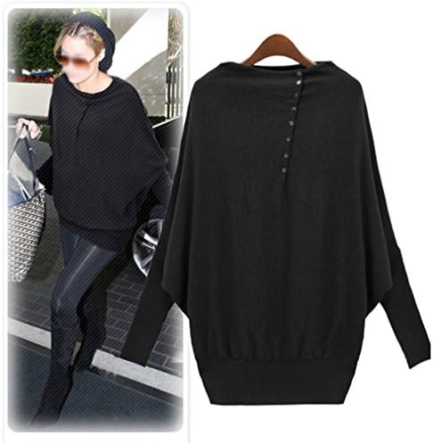 Gk2 Women's Casual Loose Round Neck Batwing Sleeve Button Embellished Sweater (L, Black)