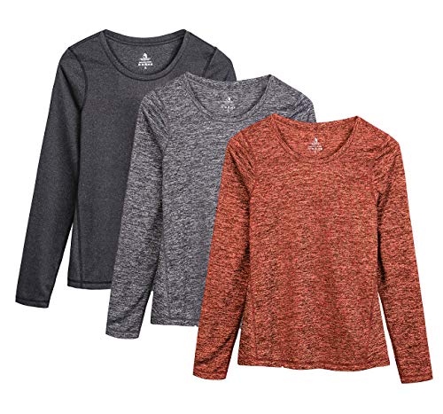 icyzone Workout Shirts for Women - Running Yoga Tops Exercise Long Sleeve T-Shirts with Thumb Holes(Pack of 3) (XL, Black Heather/Charcoal/Burnt Ochre)