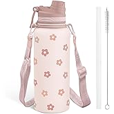 Beige Daisy Stainless Steel Water Bottle with Strap 32oz, Insulated Bottles with Straw and Spout Lid for Gym Sports Travel Outdoor, Gifts for Women Girls Birthday Christmas