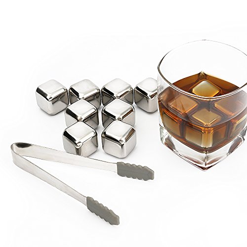 Whiskey Stones, MCIRCO 8-piece Stainless Steel Reusable Ice Cubes Whiskey Stones Cooling Rocks Sipping Stones for Wine, Coffee and Soda with Freezing Storage Tray and Tongs