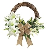 Pre-Lit LED Lighted Lily Wreath with Burlap Bow, White