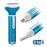 Kaiercat 3 in 1 Rechargeable Lady Shaver+Nose Ear Hair Trimmer+Eyebrow Trimmer Stainless Steel & Water Resistant with Vacuum Cleaning System (Blue)