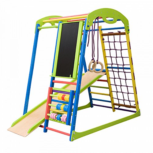 Dani LLC Indoor Wooden Playground for Kids SportWood Indoor Gym Sets Up Climbing Ladder Swing Slide and Rings (SportWood Plus)