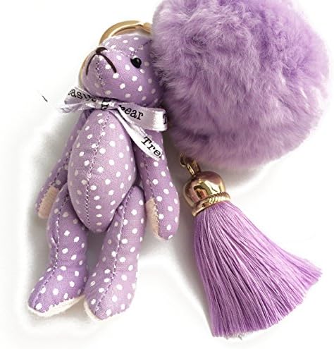Adorable Lavender Teddy Bear Doll Keychain With Plush Fur Ball Pompom and Tassel Bag Charm