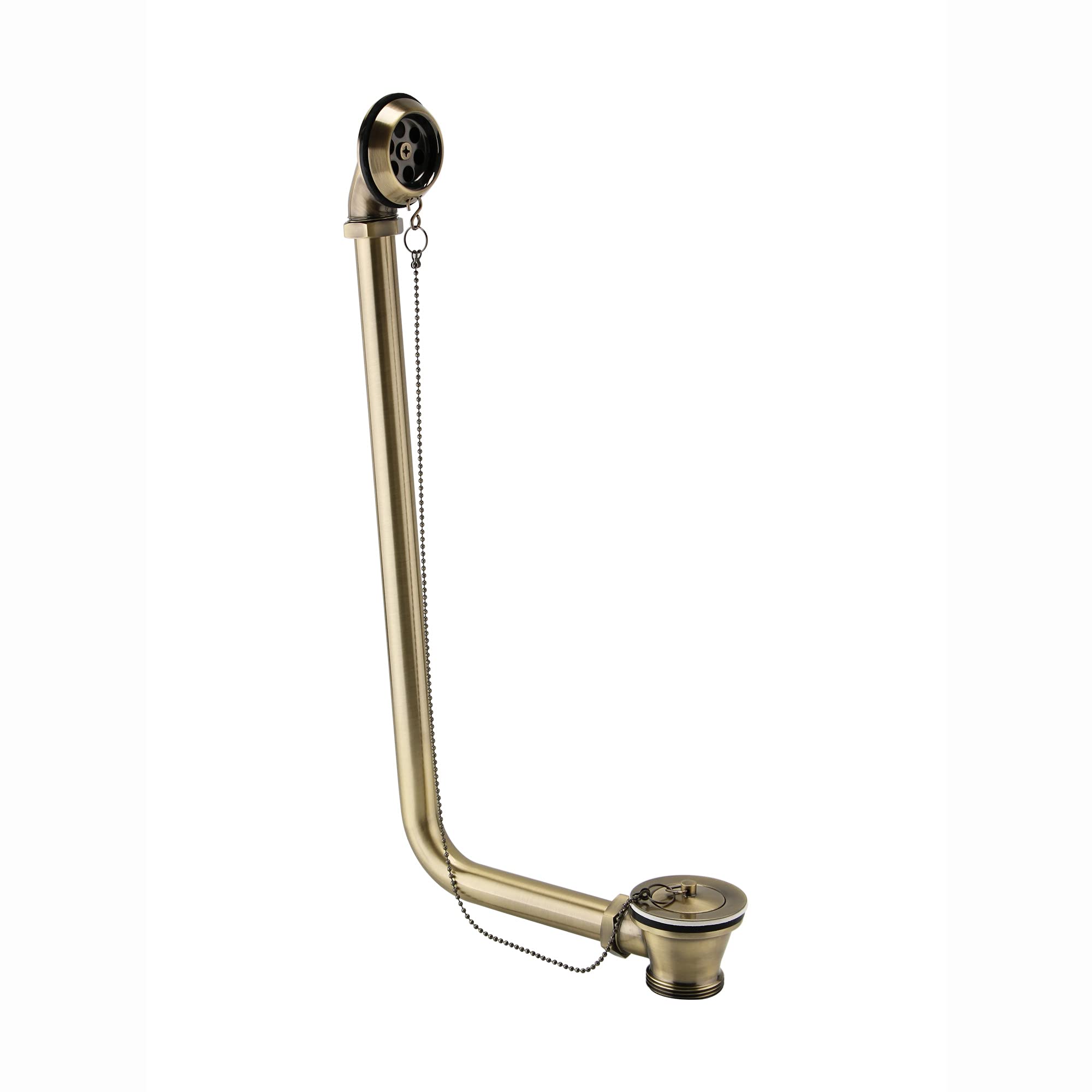 ENKI, W38, Traditional Exposed Bath Retainer Waste with Ball Chain Plug and Overflow, Antique Brass, Aged Brass Look