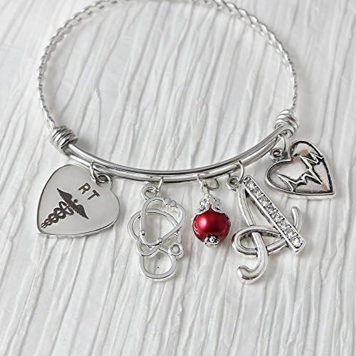 Radiology Tech Gifts,Graduation Gift, Personalized Bangle Bracelet, Medical Symbol Charm. Initial charm bracelet, RT gifts, Respiratory Therapist, (Can be RN, NP, etc)