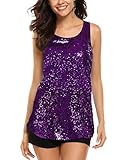 Zeagoo Women's Camisole Shimmer Sequined Double Side Slit Loose Fit Sparkle Tank Top Vest Top(Dark Violet,XXL)
