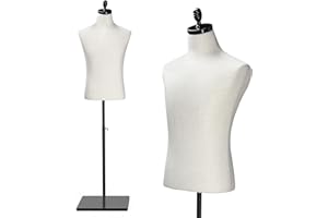 VINGLI Male Mannequin Torso with Wooden/Metal Stand, Adjustable Height Male Dress Form Body for Clothing Display and Sewing (Beige, Wood Base)