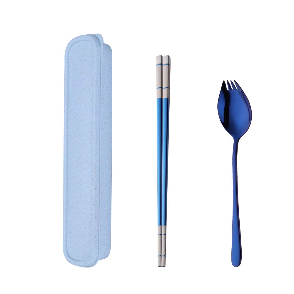 SBOMHS Portable Cutlery Set with Case Chopsticks 3 in 1 Spork (Spoon Fork Knife) Set Gift Box 18/10 Stainless Steel(Blue)