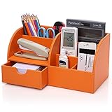 KINGOM™ 7 Storage Compartments Multifunctional PU Leather Office Desk Organizer,Desktop Stationery Storage Box Collection, Business Card/Pen/Pencil/Mobile Phone /Remote Control Holder Desk Supplies Organizer (Orange)
