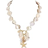 Firstmeet Natural Freshwater Shell Choker With Pearl Starfish Turquoise Pendant Irregular Mother of Pearl Necklaces for Women