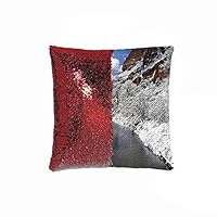 HXIYI Decorative Pillow Case Paillette Throw Mermaid Sequins Cushion Covers 18"x18" (Silver and red), Winter Scene of Snowy Trees and River