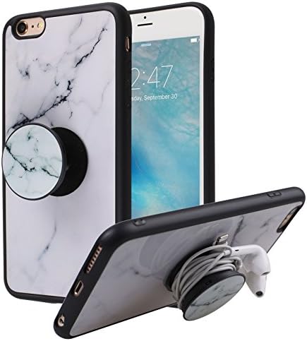iPhone 6 Plus Case, Marble Stone Texture Slim Hybrid Hard Back [POP UP KickStand] + Soft TPU Bumper Protective Durable Case iPhone 6s Plus (White)