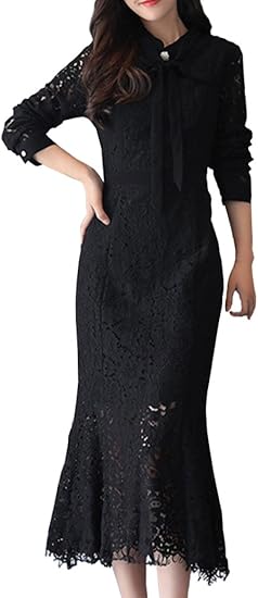 Amazon Selecreate 総レース ドレス レディース フォーマル ロング ワンピース リボン 付き 長袖 膝下丈 裏起毛 M ブラック ワンピース チュニック 通販