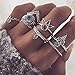 SUNSCSC Vintage Retro Silver Plated Flower Crystal Joint Knuckle Nail Ring Set of 8pcs
