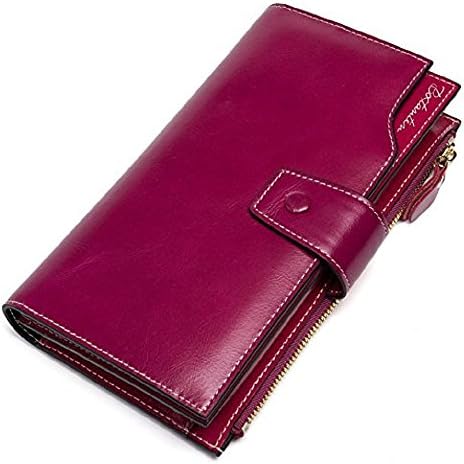Women's Large Capacity Luxury Oil Wax Genuine Leather Wallet Clutch with Zipper Pocket Red