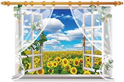 DOPIN 3D Fake Windows Sunflower Wall Stickers Flower Landscape Sea Island Faux Windows Wall Decal Home Sticker Paper Art Picture DIY Murals 60×90CM/23.62''×35.43'' (1#Sunflower)