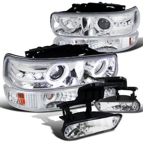 Coolstuffguru Compatible with Chevy Silverado Chrome LED Halo Projector Headlights+Bumper Lights+Fog Lamps