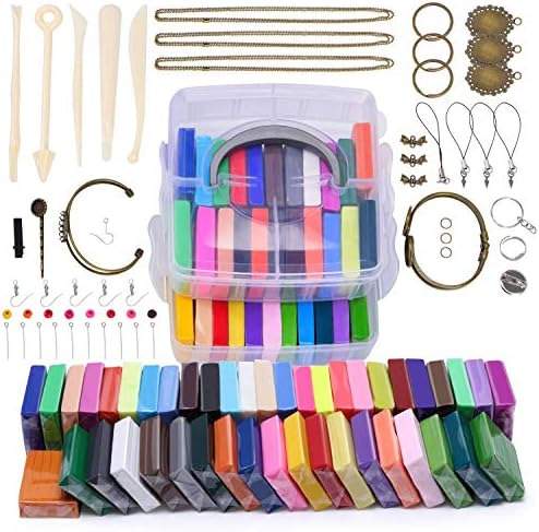 Polymer Clay Starter Kit Ousoou 45 Blocks Colored Polymer Oven Bake Clay Light Soft Molding Plasticine with Tools and Accessories.