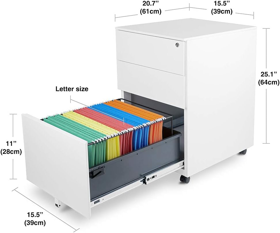 Aurora Modern SOHO Design 3-Drawer Metal Mobile File Cabinet with Lock Key Fully Assembled, White (FC-103WT): Office Products