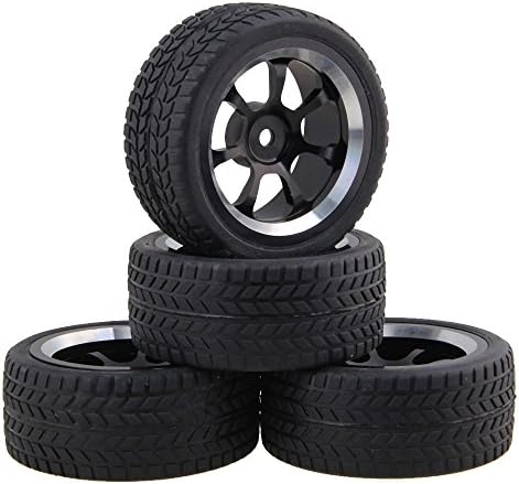 MxfansBlack Rubber Tires and 7-Spoke Aluminum Wheel Rims for RC 1:10 On-Road Racing Car Pack of 4