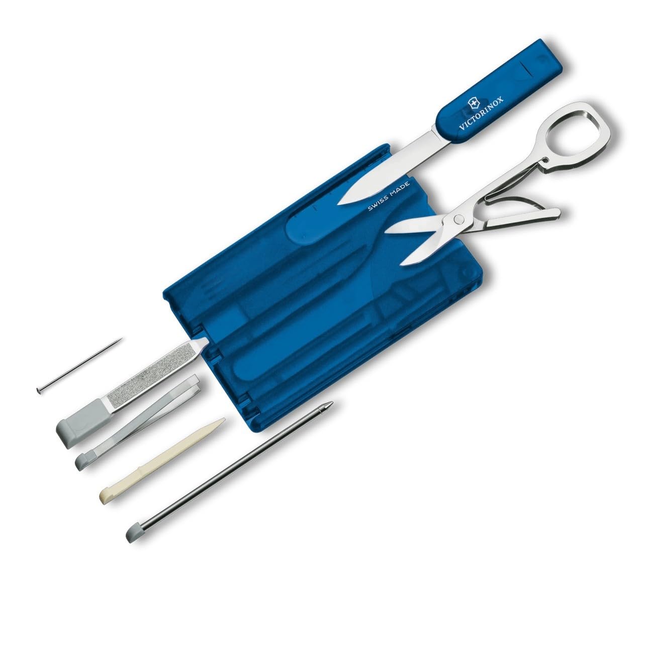 Victorinox Swiss Card, Swiss Made Pocket Tool, Credit Card Size, 10 Functions, Pen, Scissors, Blue Transparent