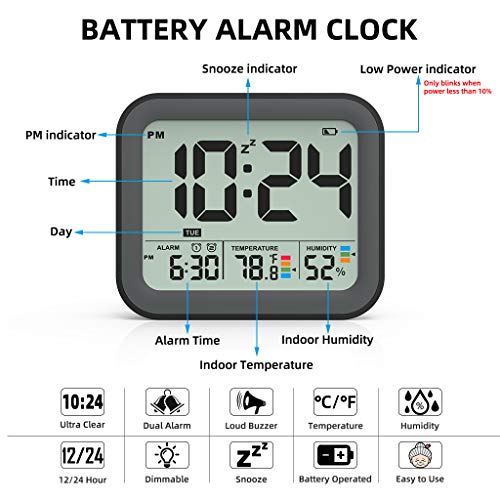 Battery Operated Digital Alarm Clock, Dual Smart Alarm with Workdays