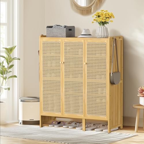 Bamboo Shoe Cabinet with Rattan Doors, 5-Tier Entryway Shoe Shelf Organizer, Storage Cabinet with Hooks Shoe Chest for Hallway Living Room Bedroom 90.5x35x107cm