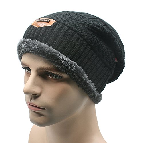 Gellwhu Men Winter Slouchy Beanie Hat Scarf Set Women Lined Thick Knit Skull Cap (Hat (Black))