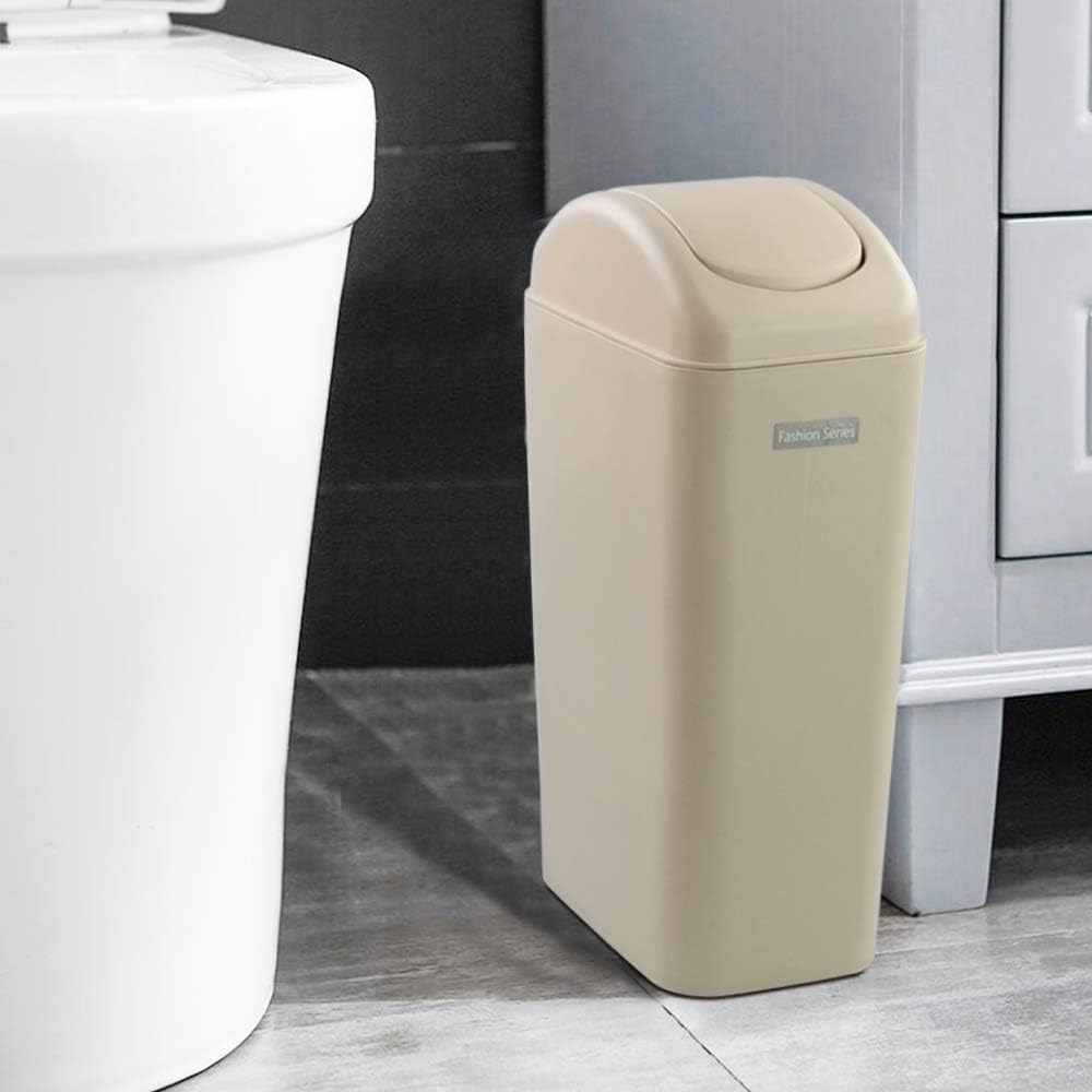 Ponpong 14 Litre Plastic Swing Trash Can Dustbin with Lid, Khaki, 1 Pack: Home & Kitchen