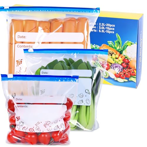 50 Pack Reusable Freezer Bags 3 Sizes (1L, 2.25L, 4.55L) for Batch Baking, Fruit, Vegetable, Meat, Snacks, BPA Free Sandwich Bags with Zipper and Bottom