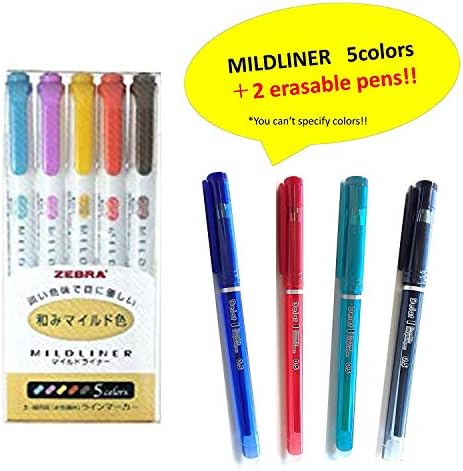 Zebra MILDLINER WKT7-5C-RC(5-Color Set) + Delat Erasable Gel Ink Ballpoint Pen 0.5mm 2 random colors (Black,Red, Blue or Green)